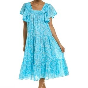 Ro’s Garden Jenna Blue & White Paisley Flutter Sleeve Tiered Midi Dress | Small